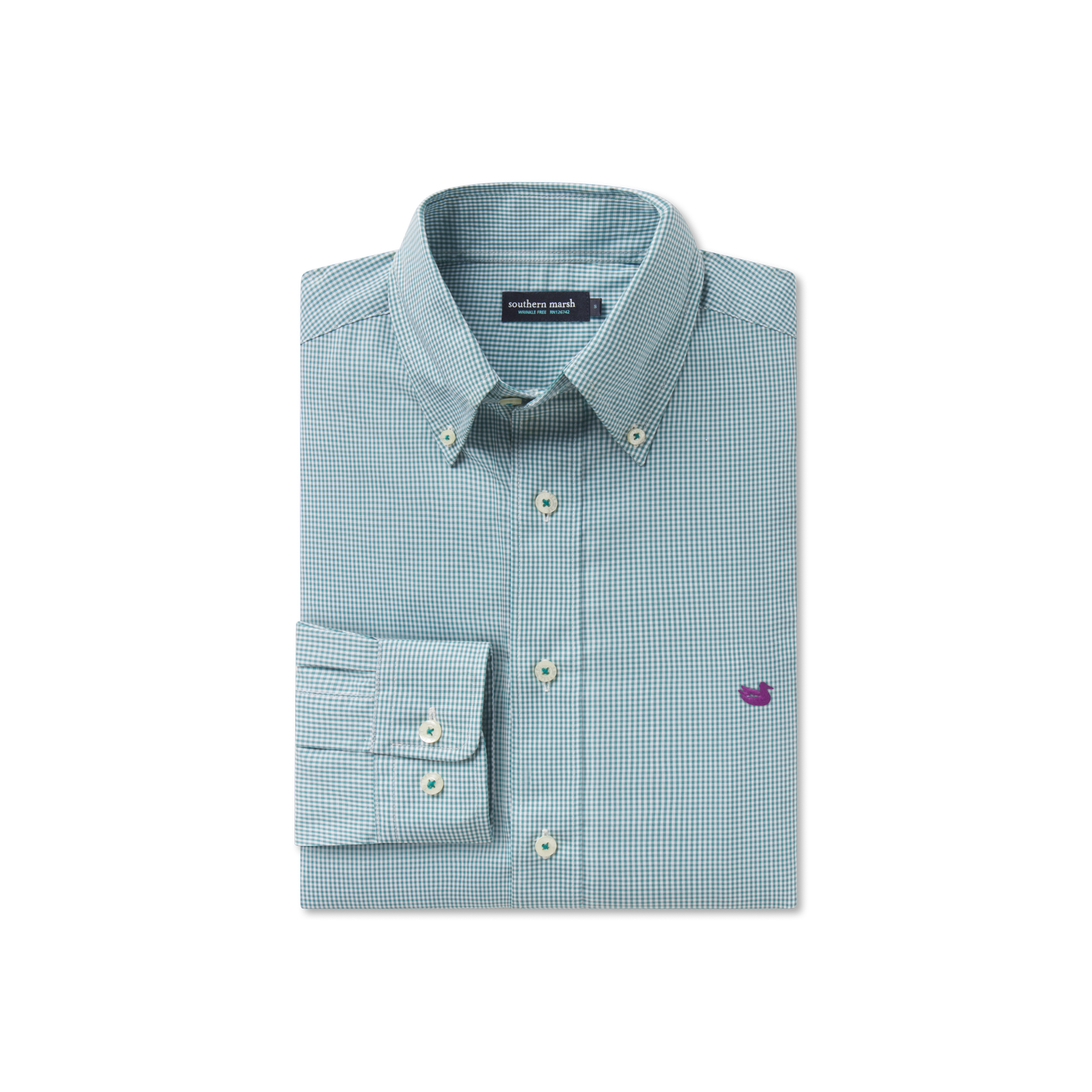 Southern Marsh Gadwall Gingham Dress Shirt Dark Green with Purple Duck / Small Southern Marsh Gadwall Gingham Dress Shirt Dark Green with Purple Duck / Small