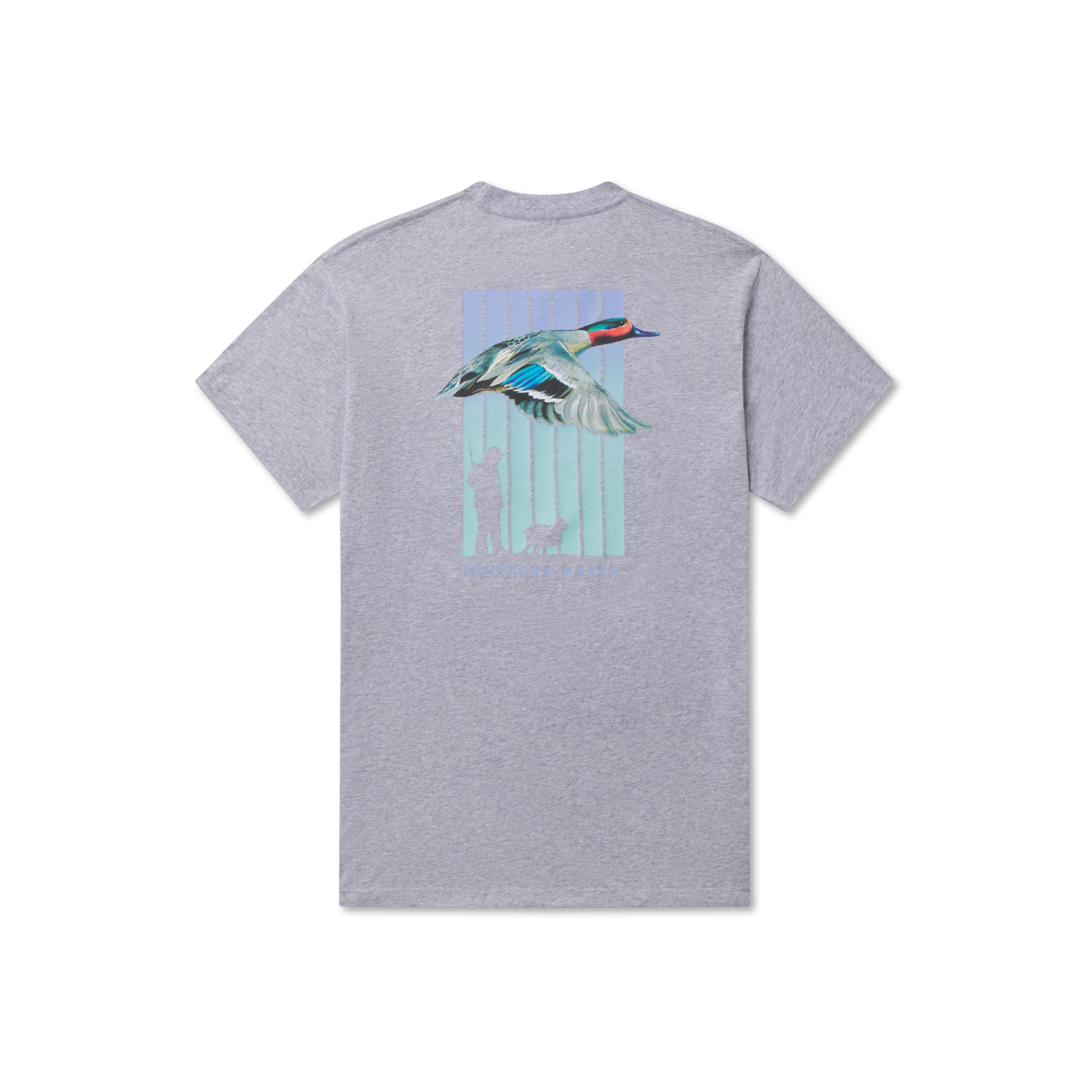 Southern Marsh Teal Takeoff T-Shirt - Washed Slate Duck Hunting Tee With Front Pocket (Unisex, Large)