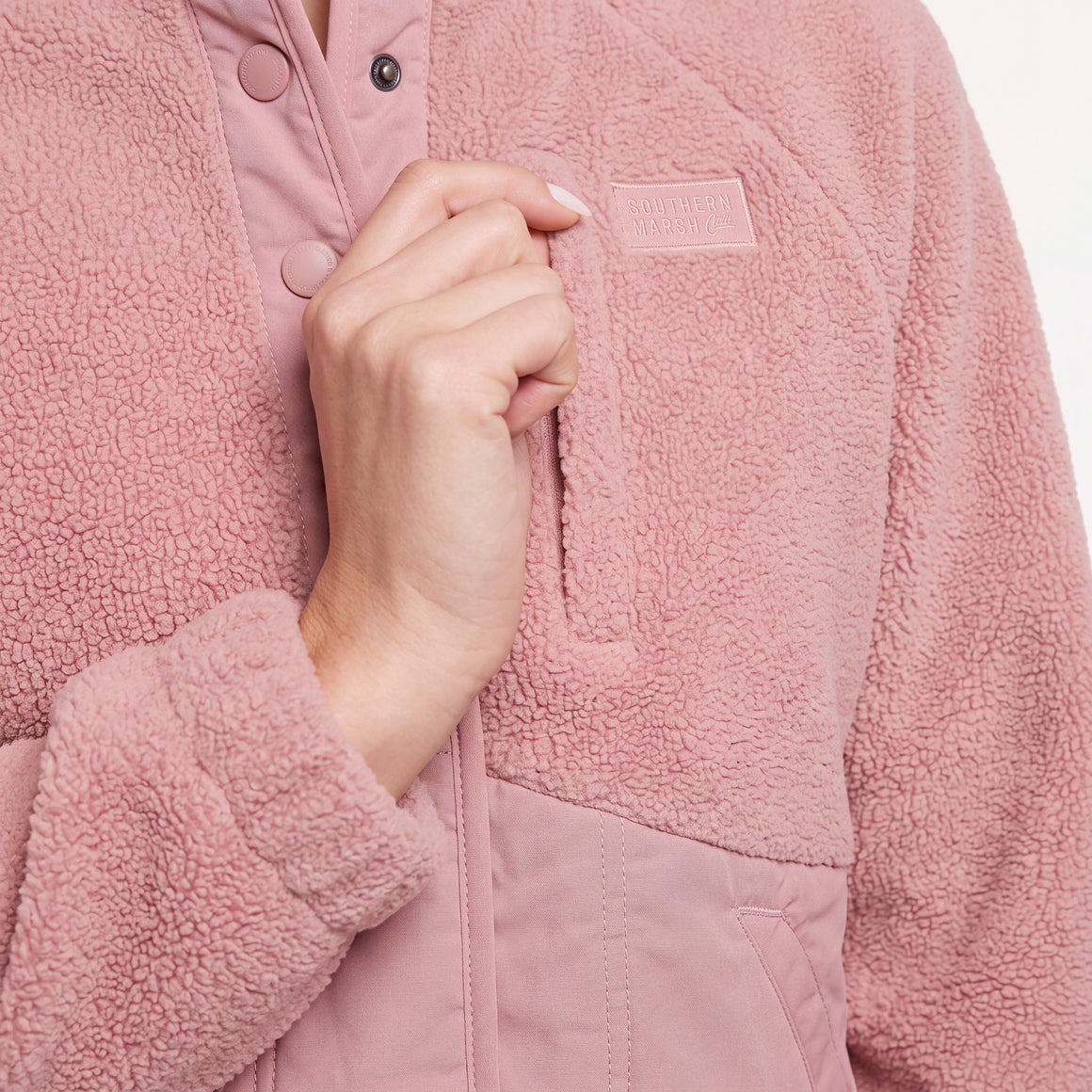Camellia | On Model | Detail Closeup of Fabric, Pocket, and Logo