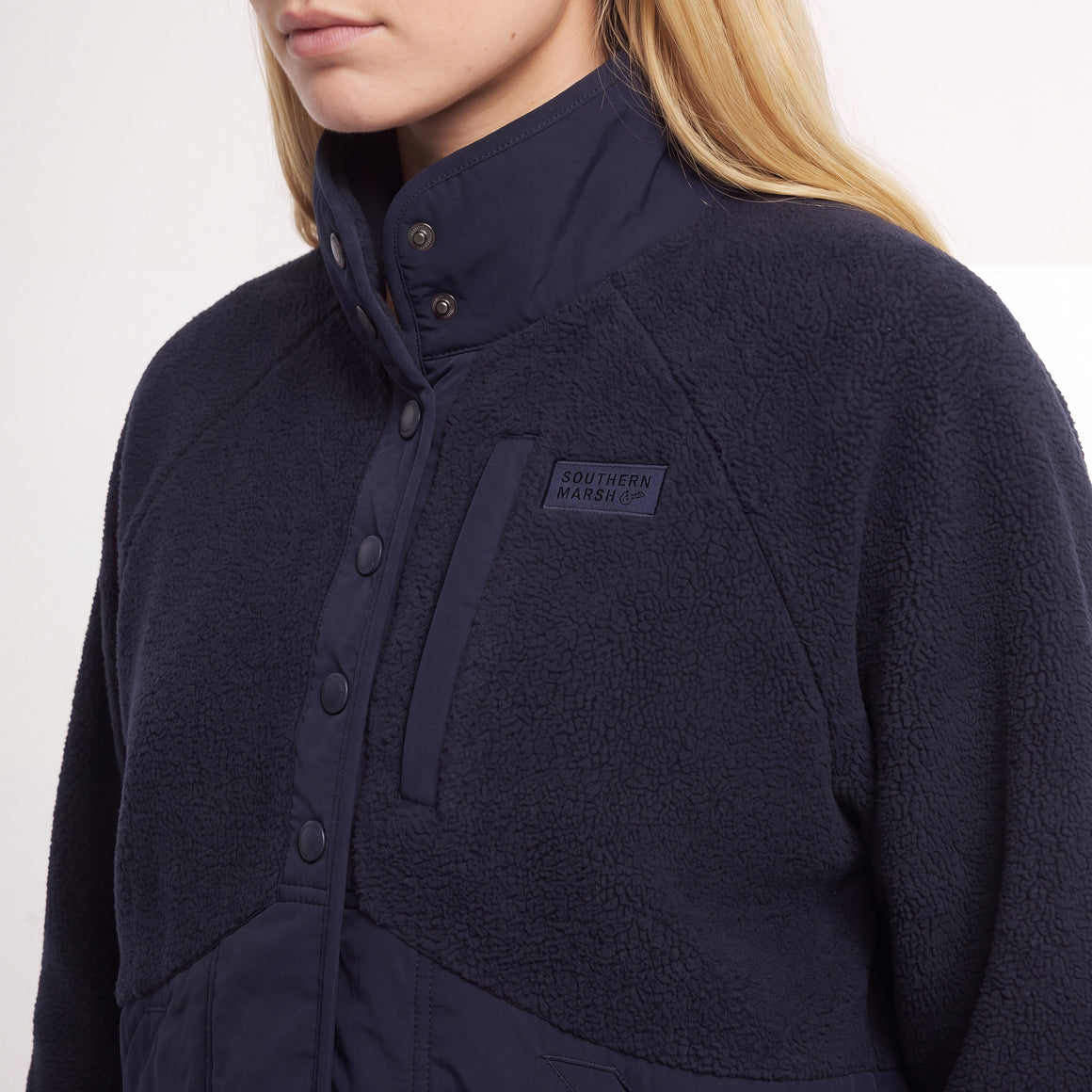 Navy | On Model | Detail Close Up of Fabric , Collar, and Buttons