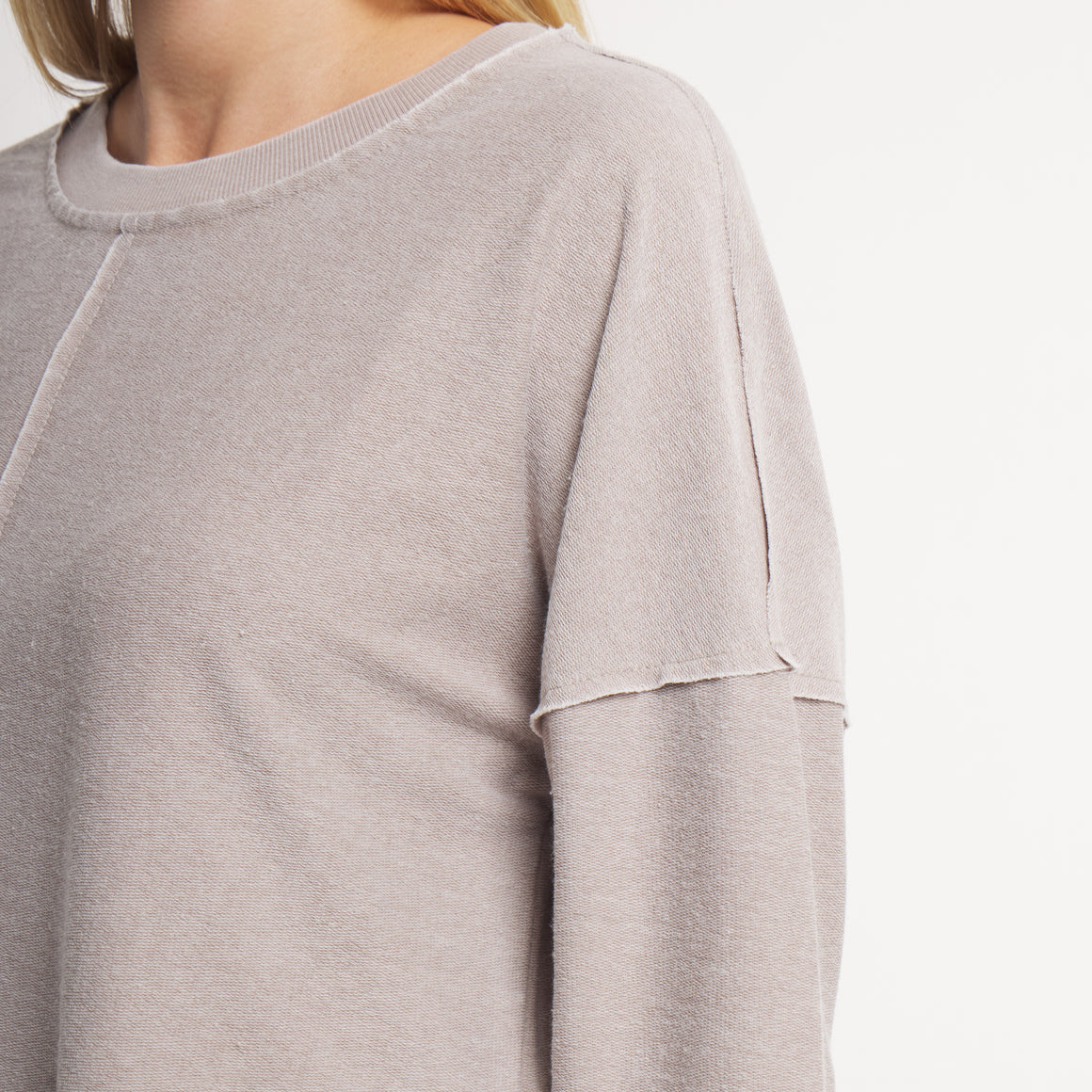 Cozy Burnt Taupe | On Model | Close Up of Fabric, Ribbed Collar, and Sleeve Detail