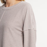 Cozy Burnt Taupe | On Model | Close Up of Fabric, Ribbed Collar, and Sleeve Detail