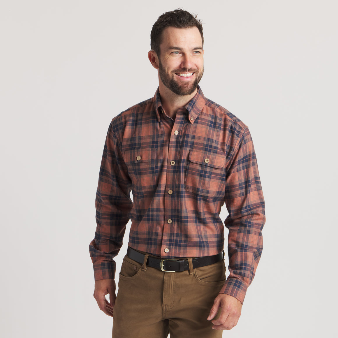 Stone Brown & Navy Plaid | On Model | Front