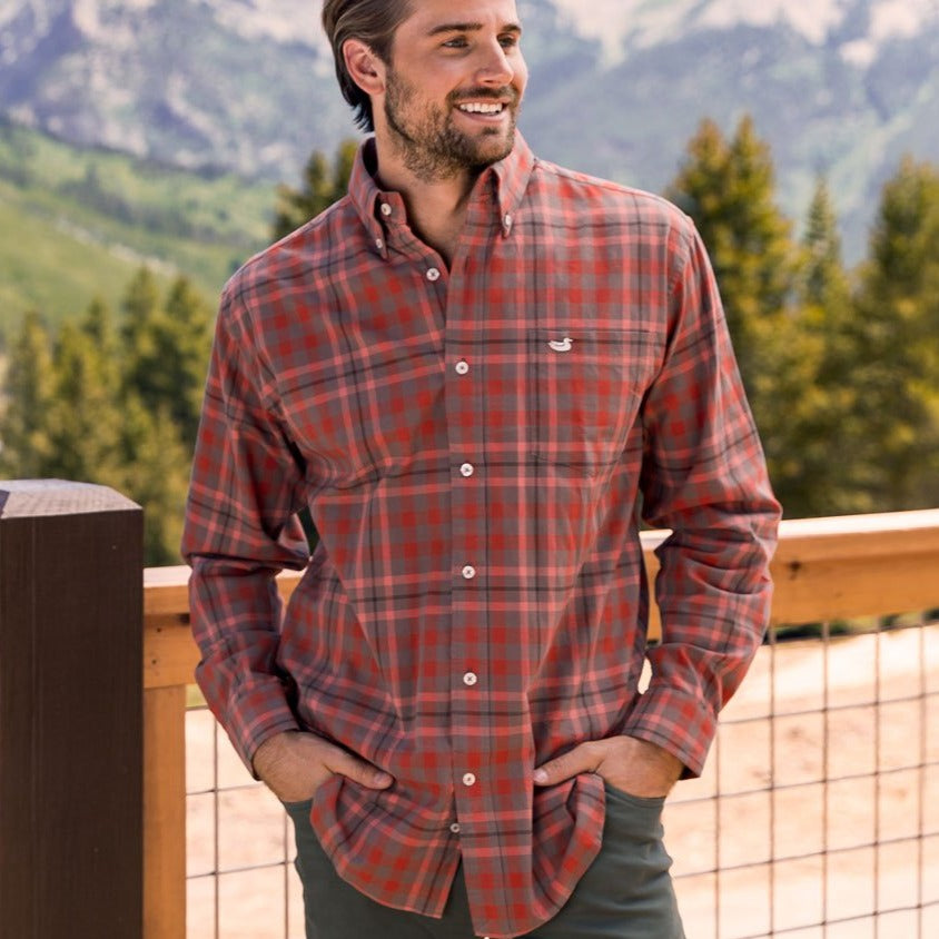 Southern Marsh Boundary Washed Plaid Dress Shirt Burnt Taupe and Burnt Orange / Small